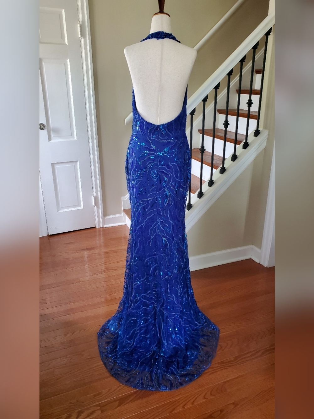 Royal Blue Sequin Mermaid Dress Halter With Side Slit, Train, Open Back